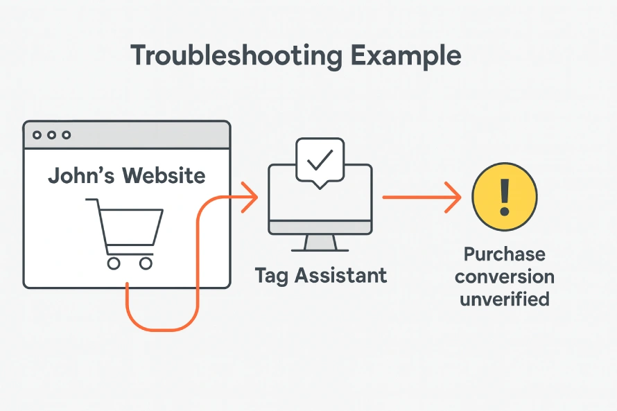 You’ve been hired as a consultant to help an online store owner. You need to complete the implementation of conversion tracking tags into their website. How can Tag Assistant help you with this task? 2 Infographic Showing A Real-Life Example Of Troubleshooting Conversion Tracking With Google Tag Assistant. It Illustrates An Online Store Website, Tag Assistant Detecting A Tag Issue, And A Purchase Conversion Unverified Alert.