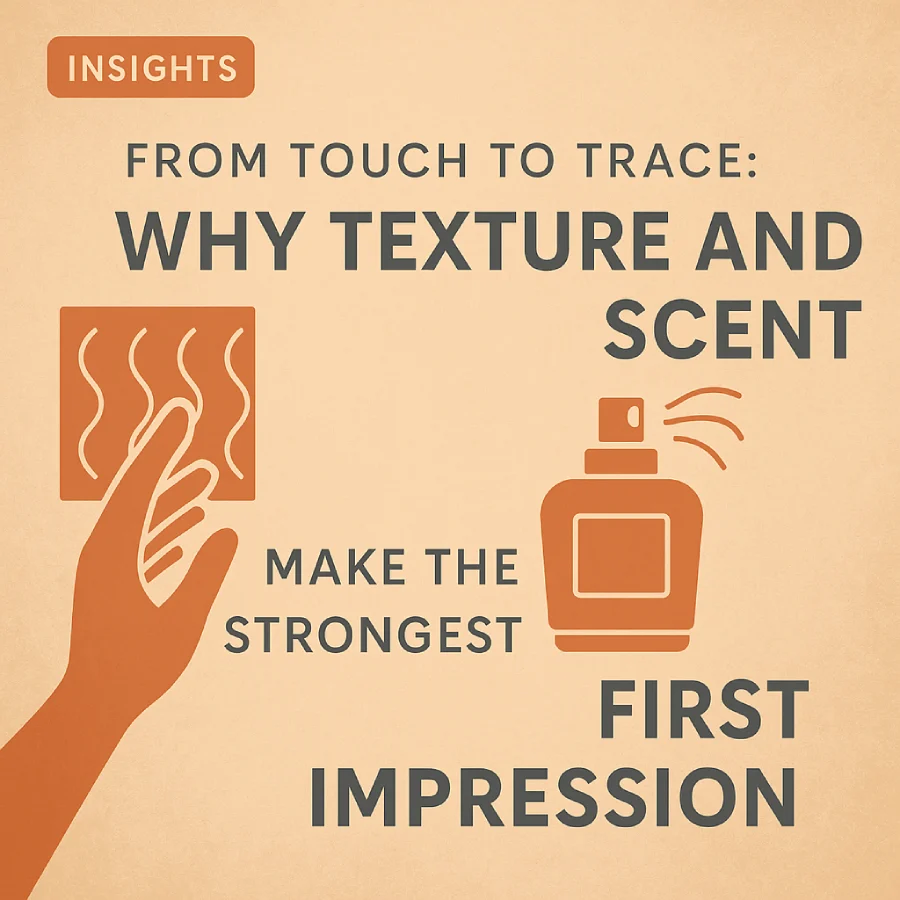 From Touch to Trace: Why Texture and Scent Make the Strongest First Impression 1 Elegant Minimalist Feature Image Showing A Hand Feeling Fabric Texture And Perfume Spray, Representing How Texture And Scent Create Strong First Impressions In Fashion And Lifestyle.