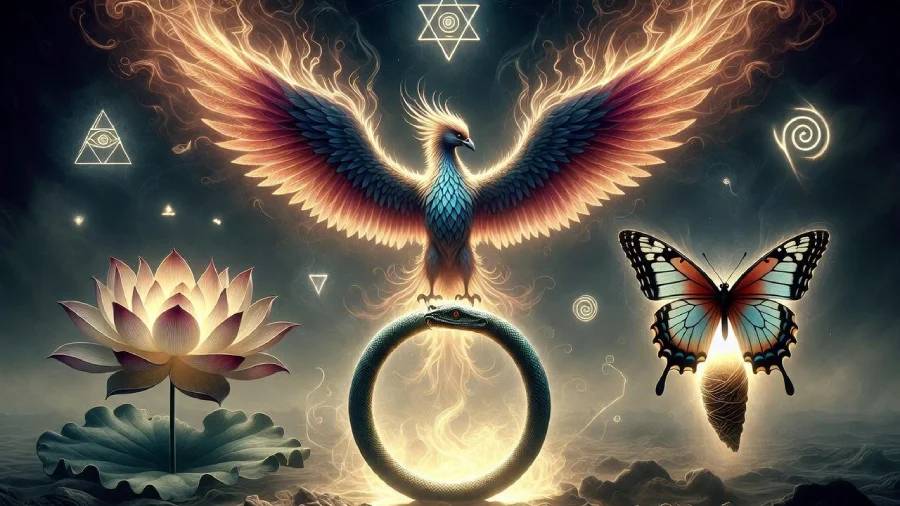 Home 1 Ancient Symbols Of Rebirth Including Phoenix, Lotus Flower, Butterfly And Ouroboros