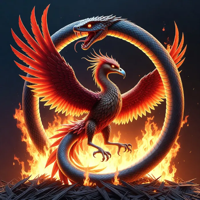 Greek Symbol Of Rebirth Phoenix Rising From Ashes And Ouroboros Serpent