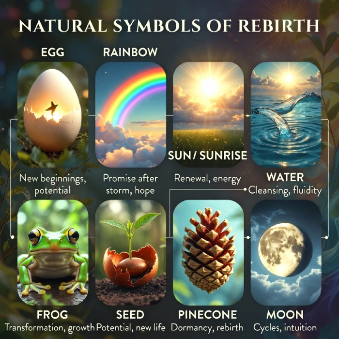 Natural Symbols Of Rebirth Egg Rainbow Sunrise Water Frog Seed Pinecone Moon