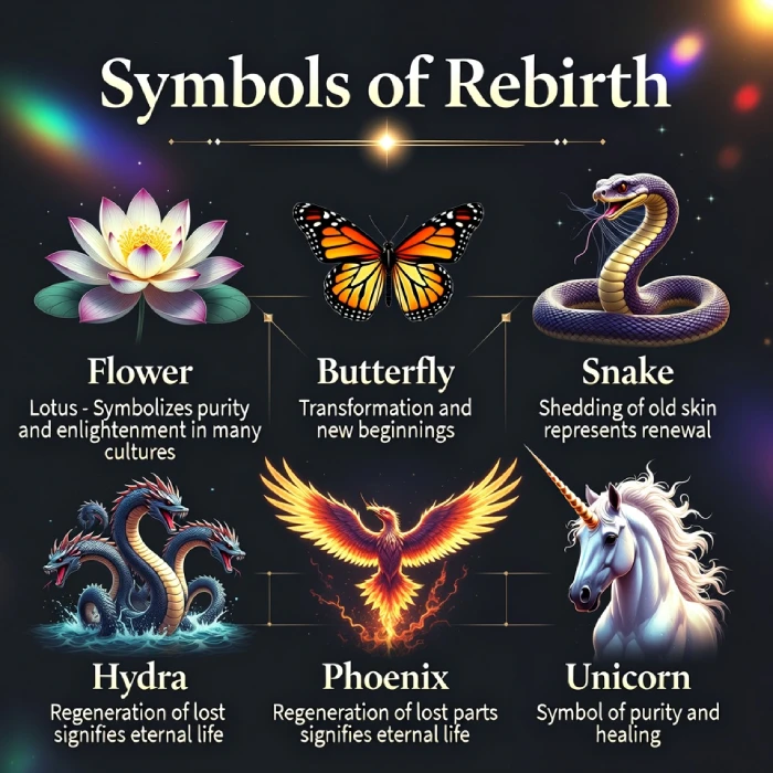Symbols Of Rebirth Infographic Flower Butterfly Snake Hydra Phoenix Unicorn
