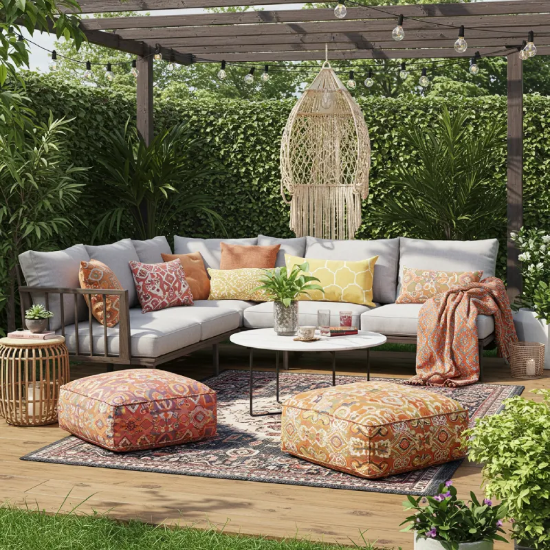 A Stylish And Comfy Outdoor Living Room Setup With A Sofa, Cushions, Rug, And Coffee Table In A Garden.