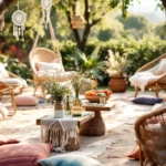 A Relaxed Bohemian Garden Party Setup With Floor Cushions, Rugs, Low Tables, Wildflowers In Bottles, And Hanging Dreamcatchers.