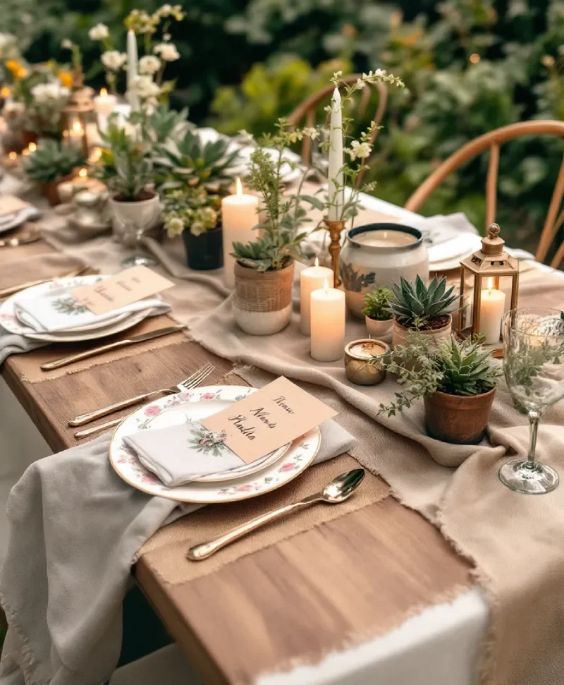 A Beautifully Set Rustic-Chic Garden Party Table With Vintage Plates, Natural Linens, Succulents, And Lit Candles.