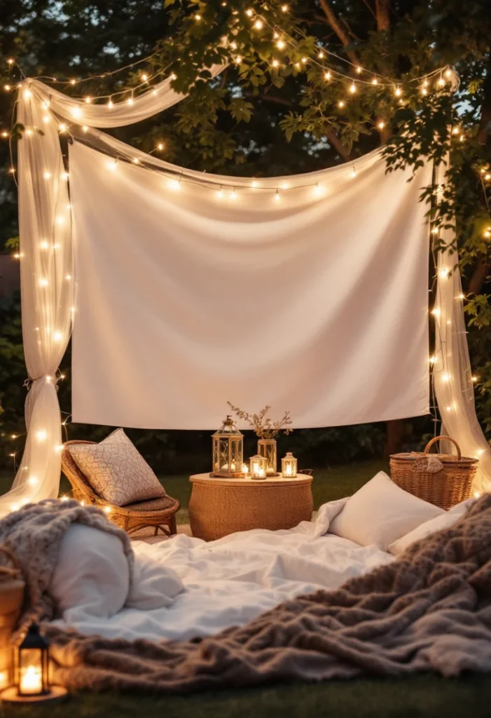 Garden Party Decoration Ideas: A Cozy Outdoor Movie Night Setup With A Projector Screen, String Lights, And Blankets.