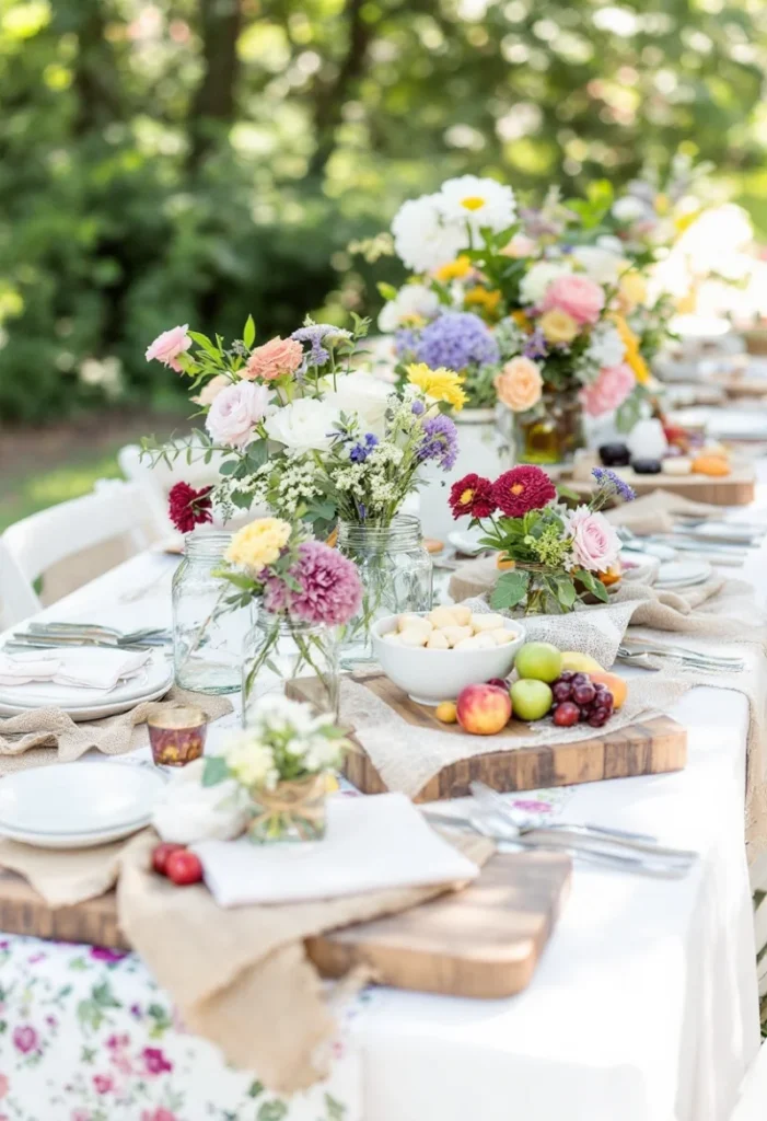 Garden Party Decoration Ideas: A Beautifully Decorated Outdoor Table With Layered Tablecloths, Flowers In Mason Jars, And Wooden Serving Boards.