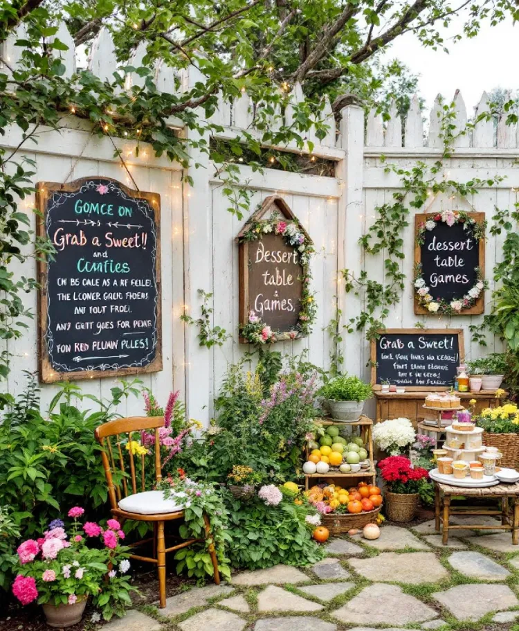 Cute Chalkboard Signs With Hand-Lettered Messages Direct Guests To Different Areas Of A Garden Party, Like &Quot;Grab A Sweet!&Quot; And &Quot;Games.&Quot;
