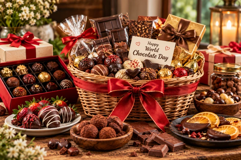 World Chocolate Day 2027: Chocolate Gifts Beyond the Usual Box 3 Chocolate Gift Basket Filled With Assorted Chocolates, Truffles, And Sweet Treats